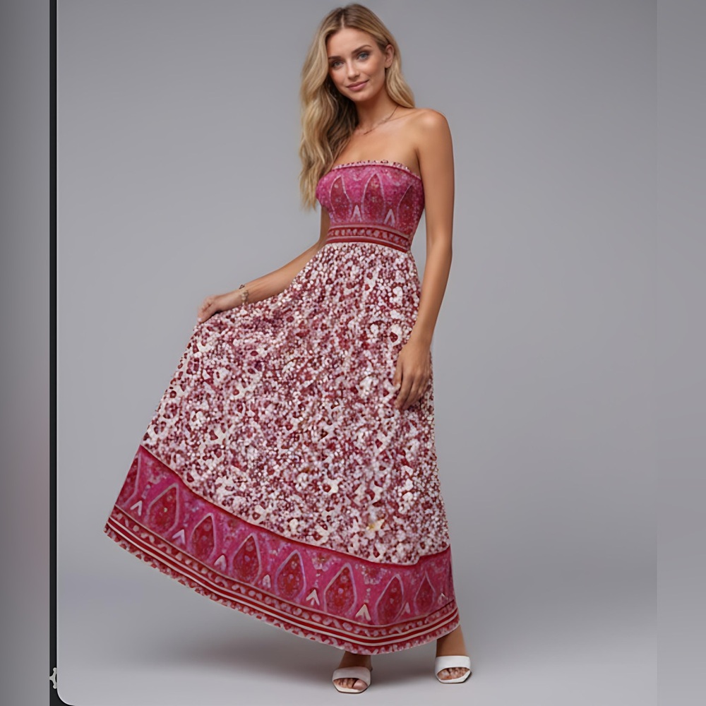 LAST ONE 🔥 Red/Pink  Boho Floral Print Tube Dress